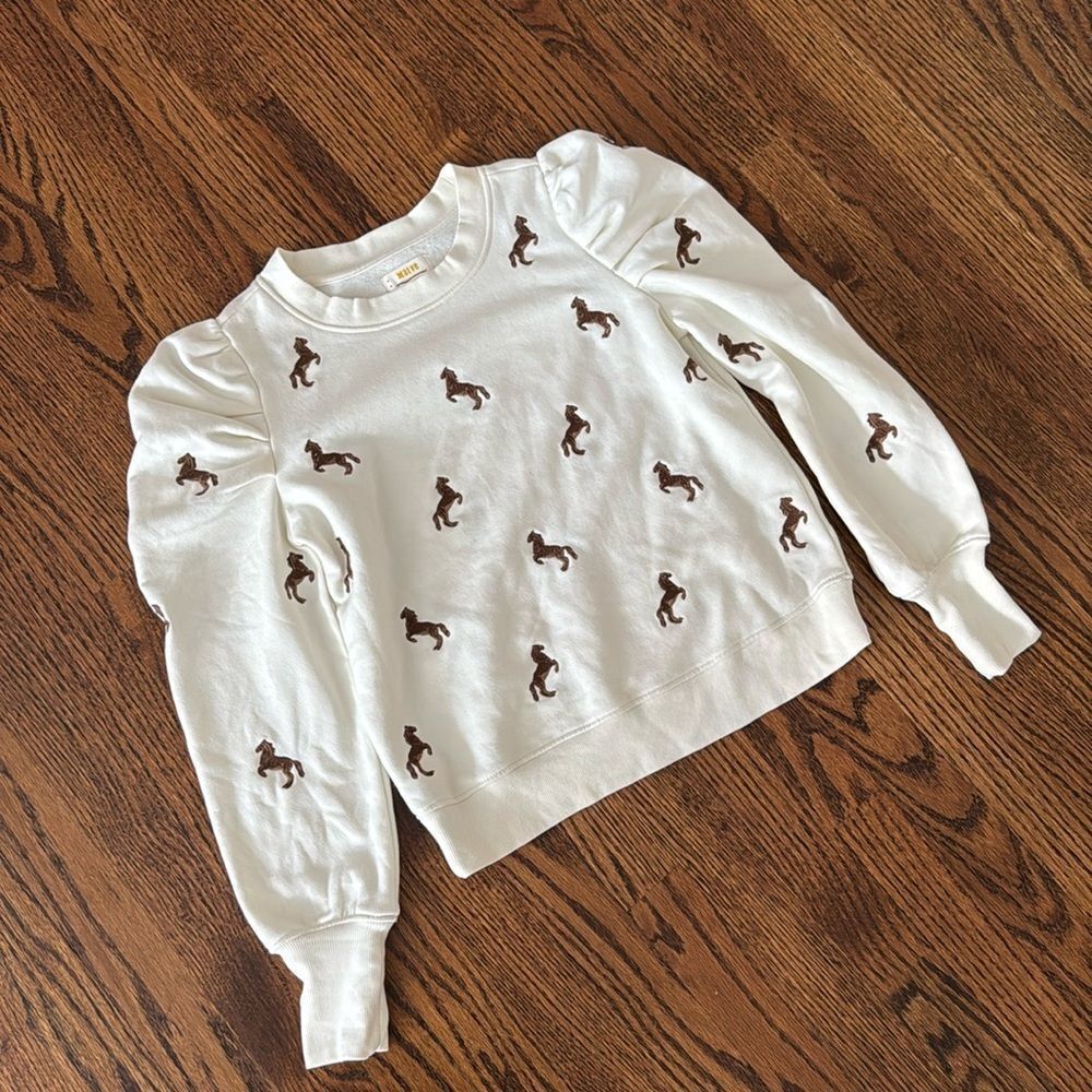 Maeve Puff-Sleeve Embroidered Sweatshirt Equestrian Horse Ivory Print - Picture 5 of 8
